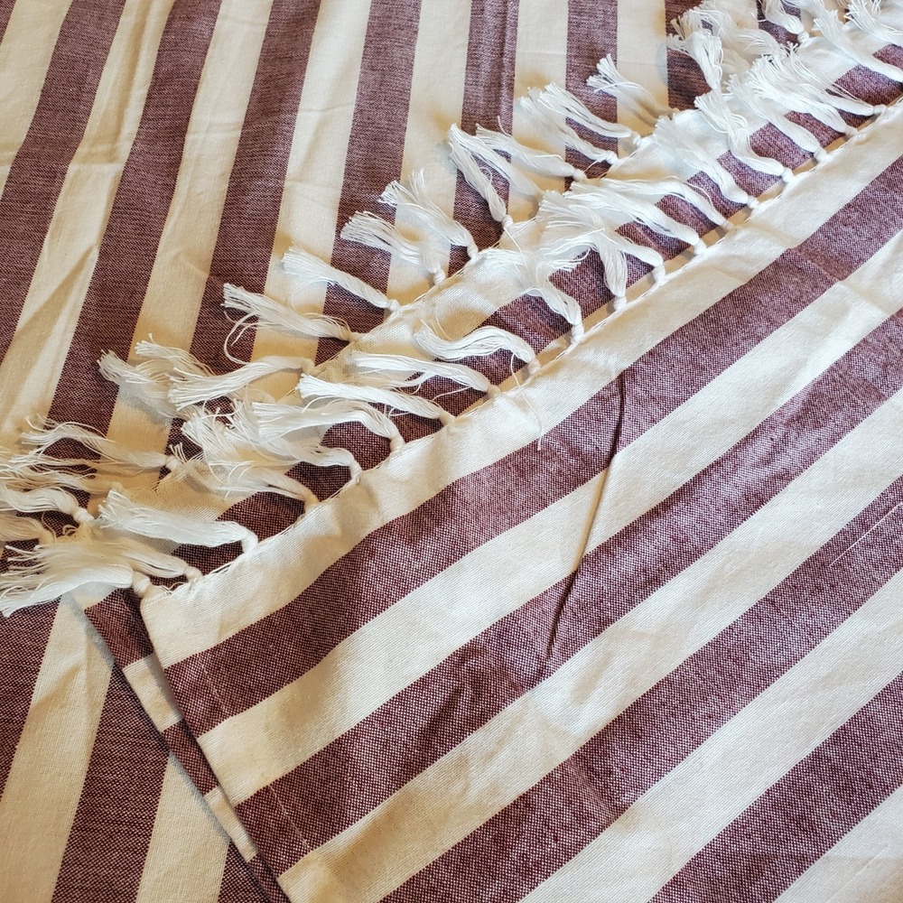 TRS Burgundy Cream Striped Cotton beachThrow Blanket/towel Tassel Fringe 50x66